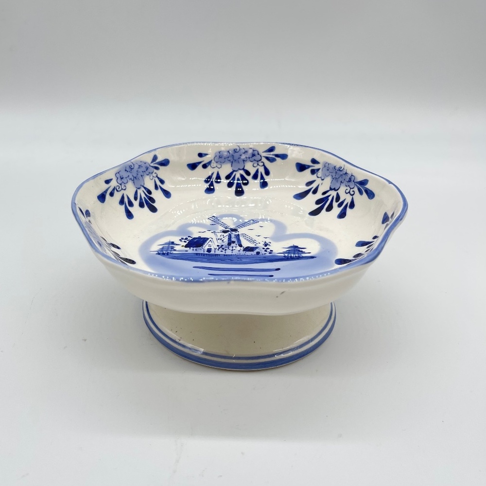 Vintage Delfts Blue by Holland Footed Scalloped Edge Bowl Dutch Windmill 3” Tall